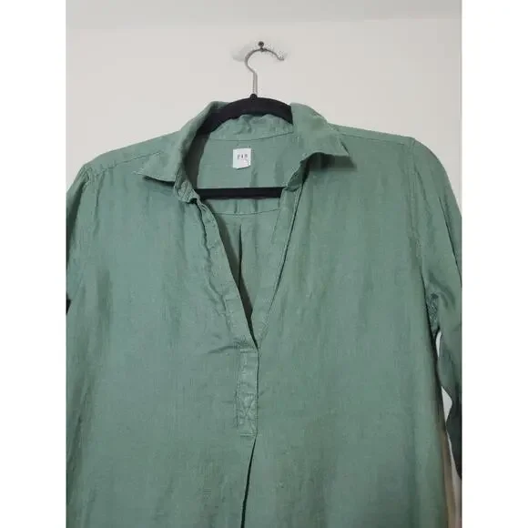 Gap Womens XS Boyfriend Tunic Top 100% Linen Popover Green Long Sleeve - Picture 4 of 12